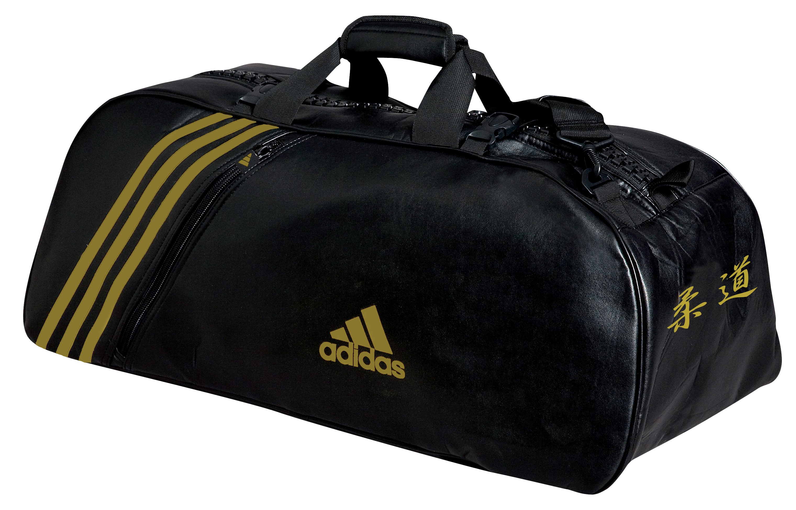 Sac de sport noir et or Adidas convertible en sac à dos avec logo judo.
